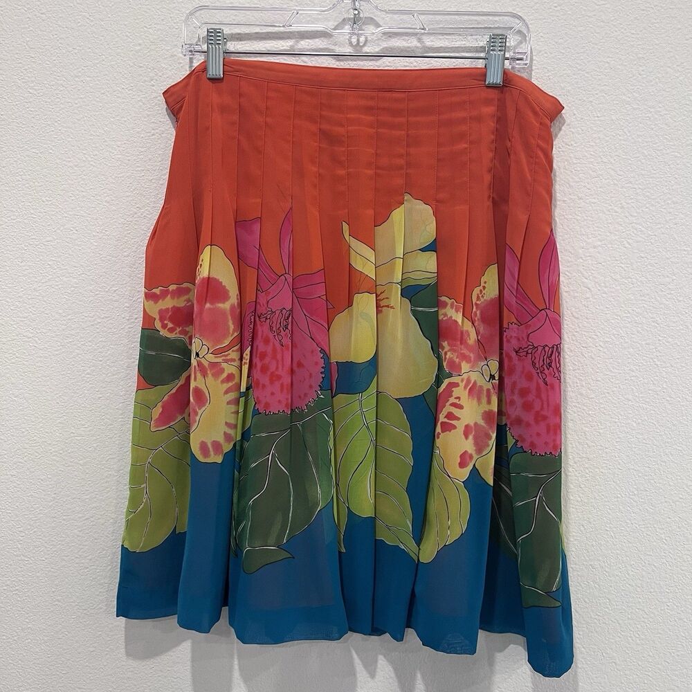 Vtg BANDOLINO SZ 14 2 Layers Sheer Pink Orange Green Pleated Mini Skirt Artsy